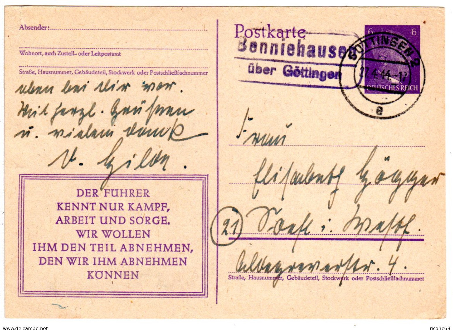 DR 1944, BENNIEHAUSEN über Göttingen, Landpost Stpl. Auf Ganzsache - Autres & Non Classés