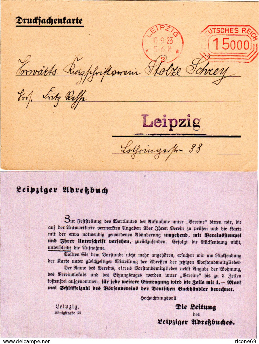 DR 1923, 15000 Mk. Leipzig Absenderfreisitempel Auf Adressbuch Orts-Drucksache - Lettres & Documents
