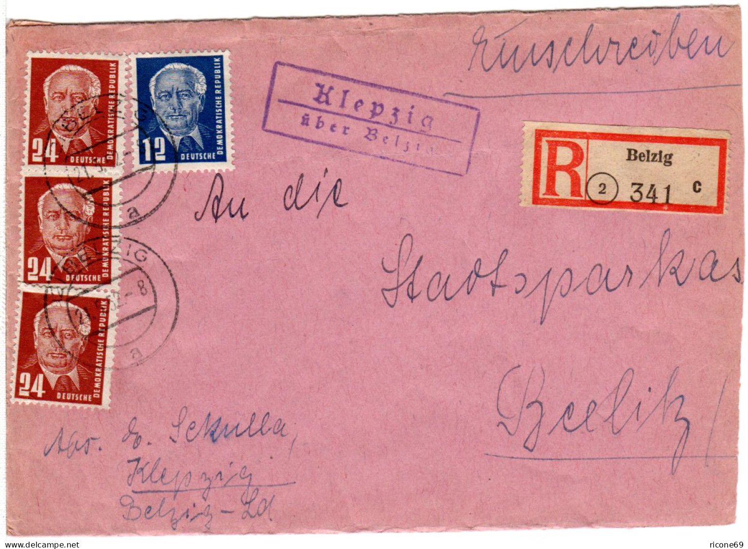 DDR 1952, Landpost Stpl. KLEPZIG über Belzig Auf Einschreiben Brief M. 4 Marken - Lettres & Documents