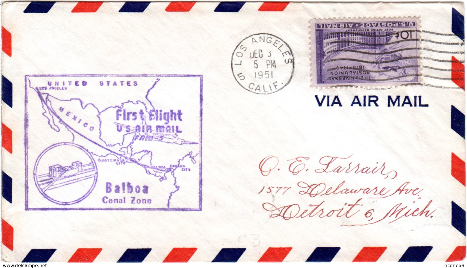 USA 1951, 10 C. Auf Erstflug Brief Los Angeles-Balboa Canal Zone - Other & Unclassified