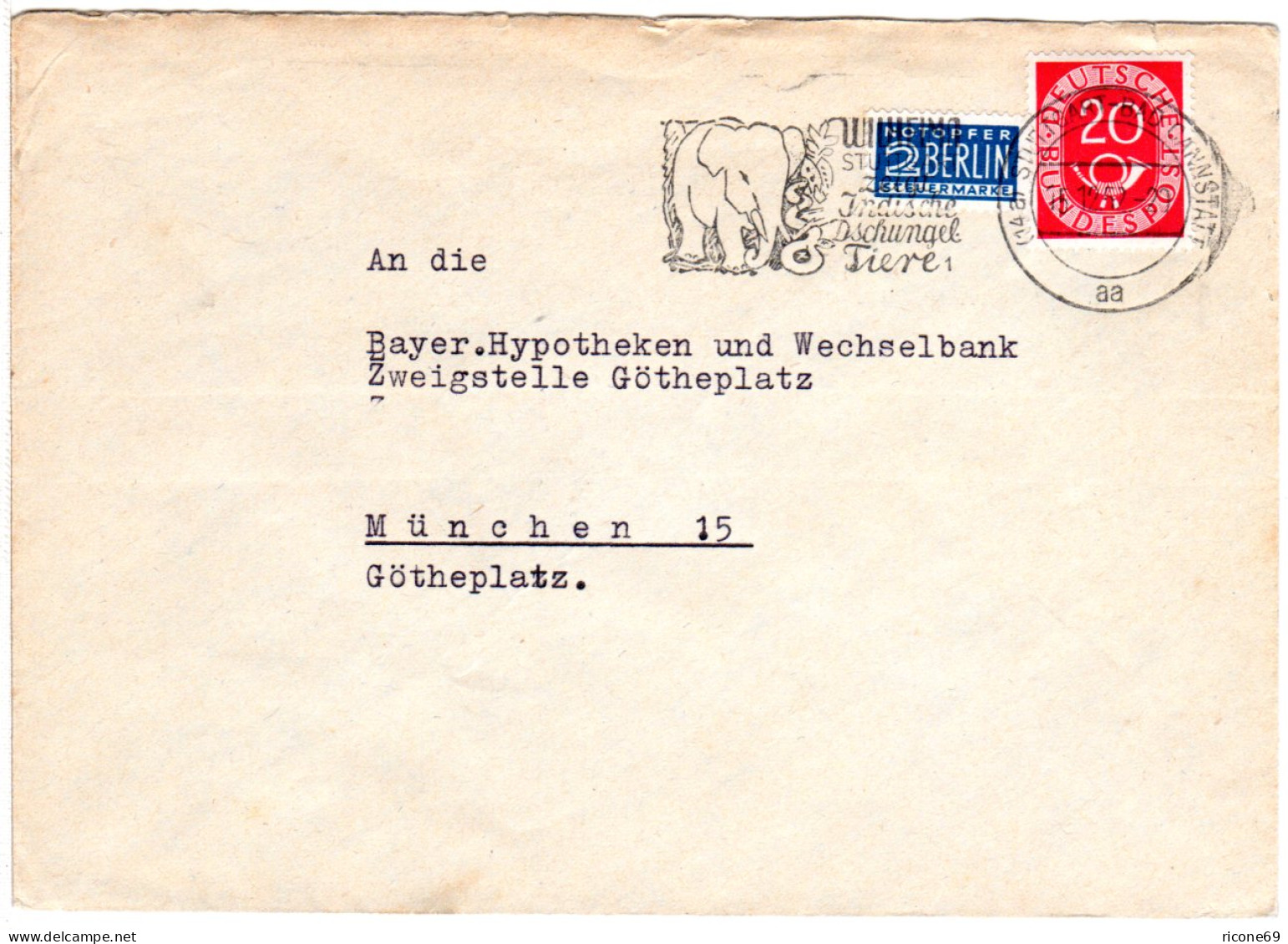 BRD 1952, Zoo-Werbestempel V. Stuttgart M. Abb. Elefant Auf Brief M. 20 Pf. - Storia Postale