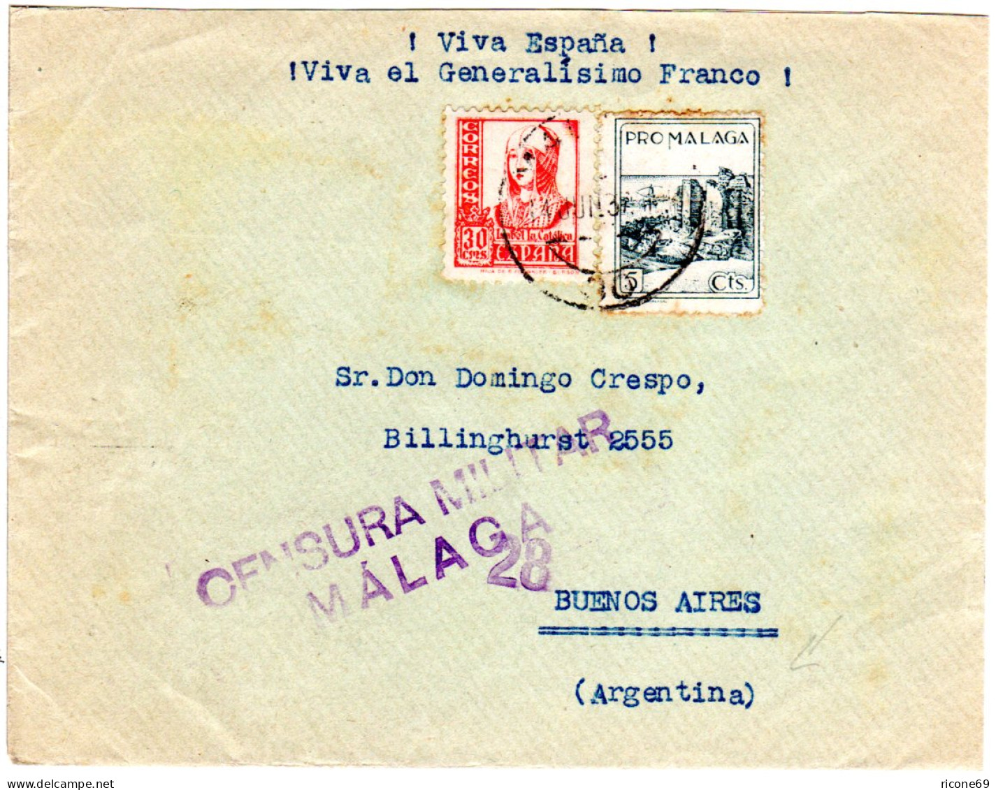 Spanien 1937, 30 C.+ 5 C. Pro Malaga Auf Zensur Brief V. Malaga N. Argentinien - Lettres & Documents