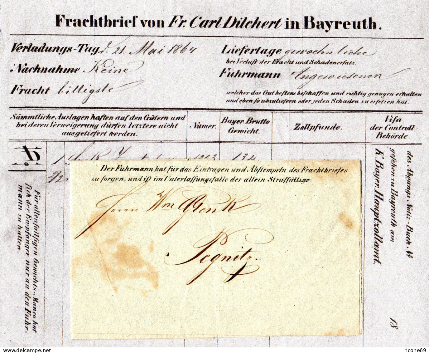 Bayern 1864, Vorgedruckter Fuhrmanns Brief V. Bayreuth N. Pegnitz - Covers & Documents