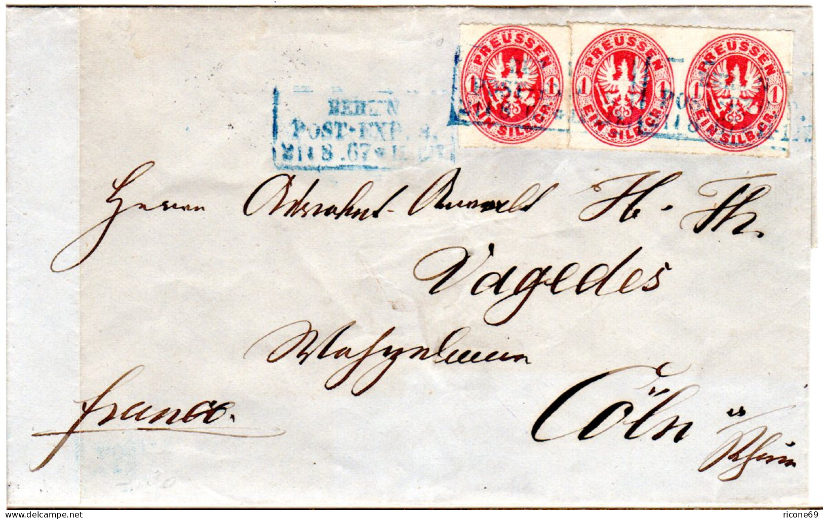Preussen 1867, 3x1 Sgr. Auf Brief M. Blauem R 3 Berlin Post-Exp. 8 N. Köln. - Cartas & Documentos