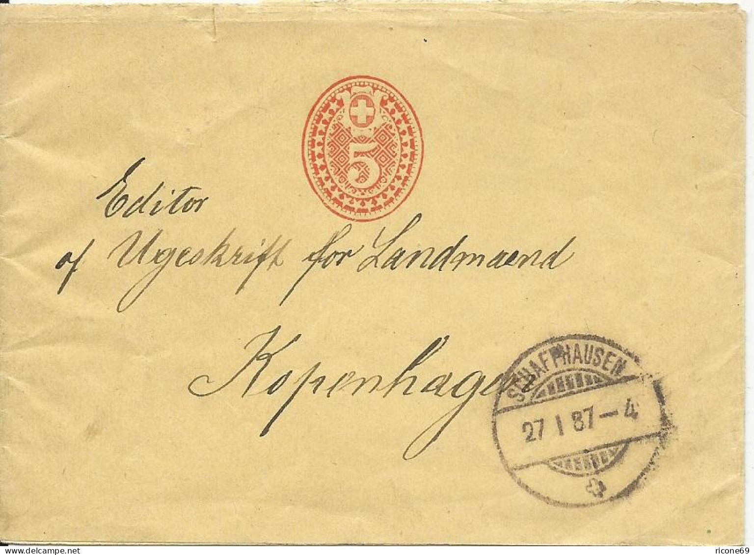 Schweiz 1887, 5 C. Ganzsache Streifband V. Schaffhausen N. Dänemark.  - Other & Unclassified