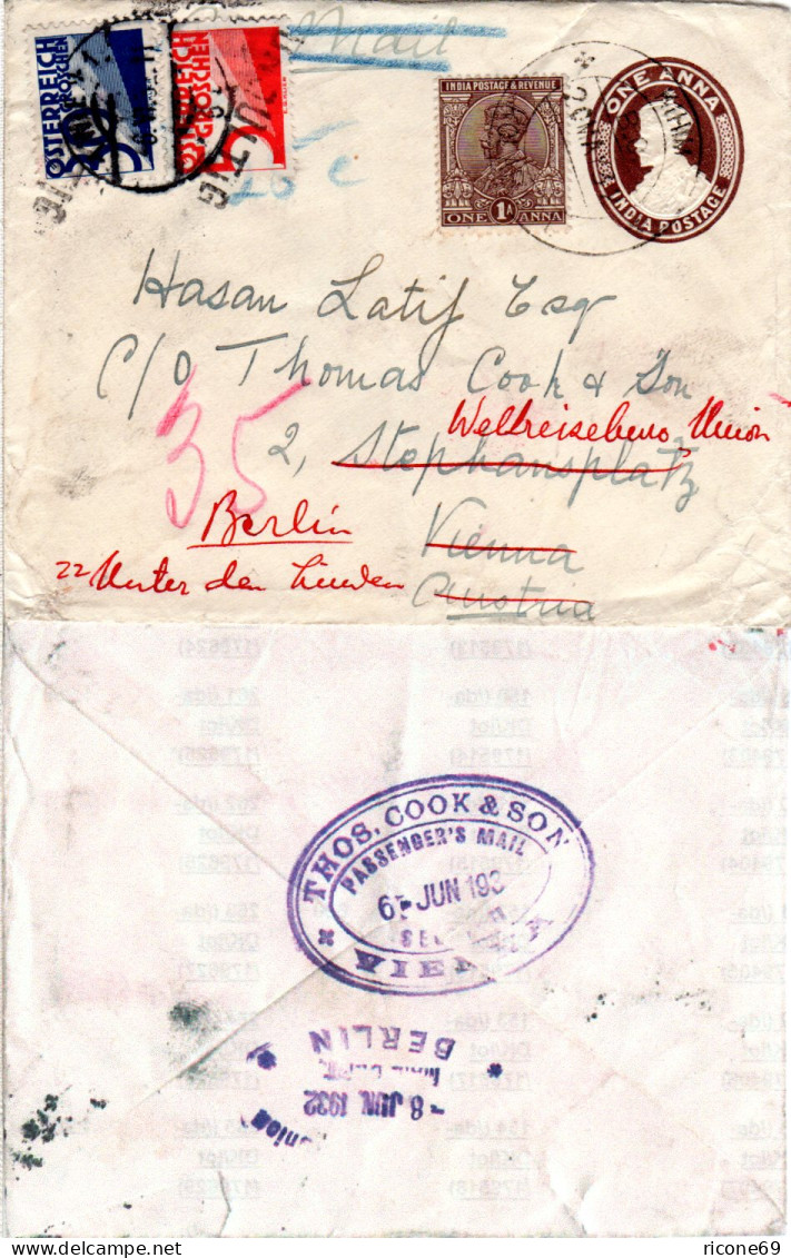 Indien 1932, 1 A. Auf 1 A. Ganzsache Brief V. Kihim M. 2 Österreich Portomarken - Andere & Zonder Classificatie