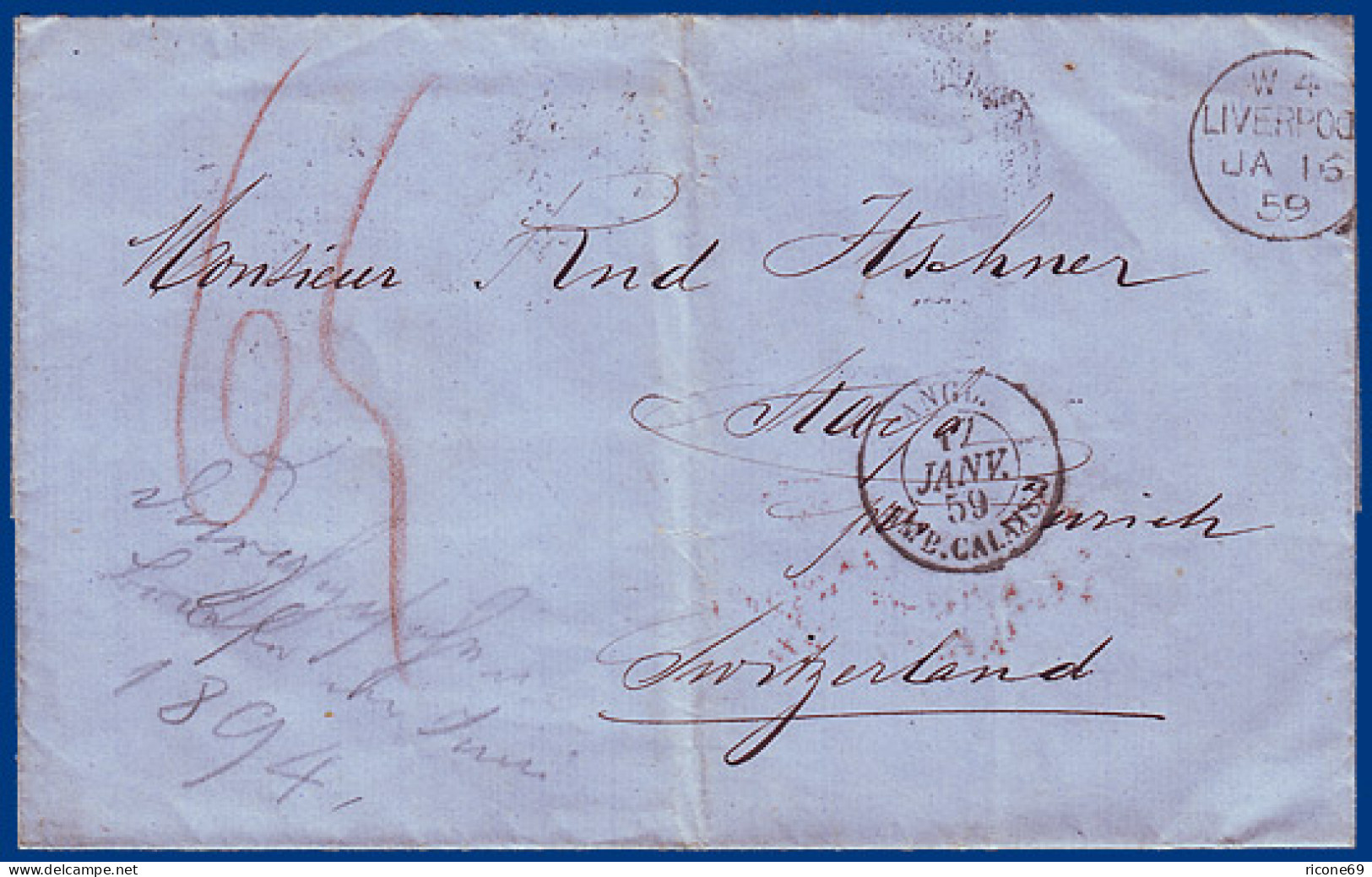GB 1859, Liverpool, Unpaid Letter To Switzerland. Postage 65 C. #S750 - Autres & Non Classés