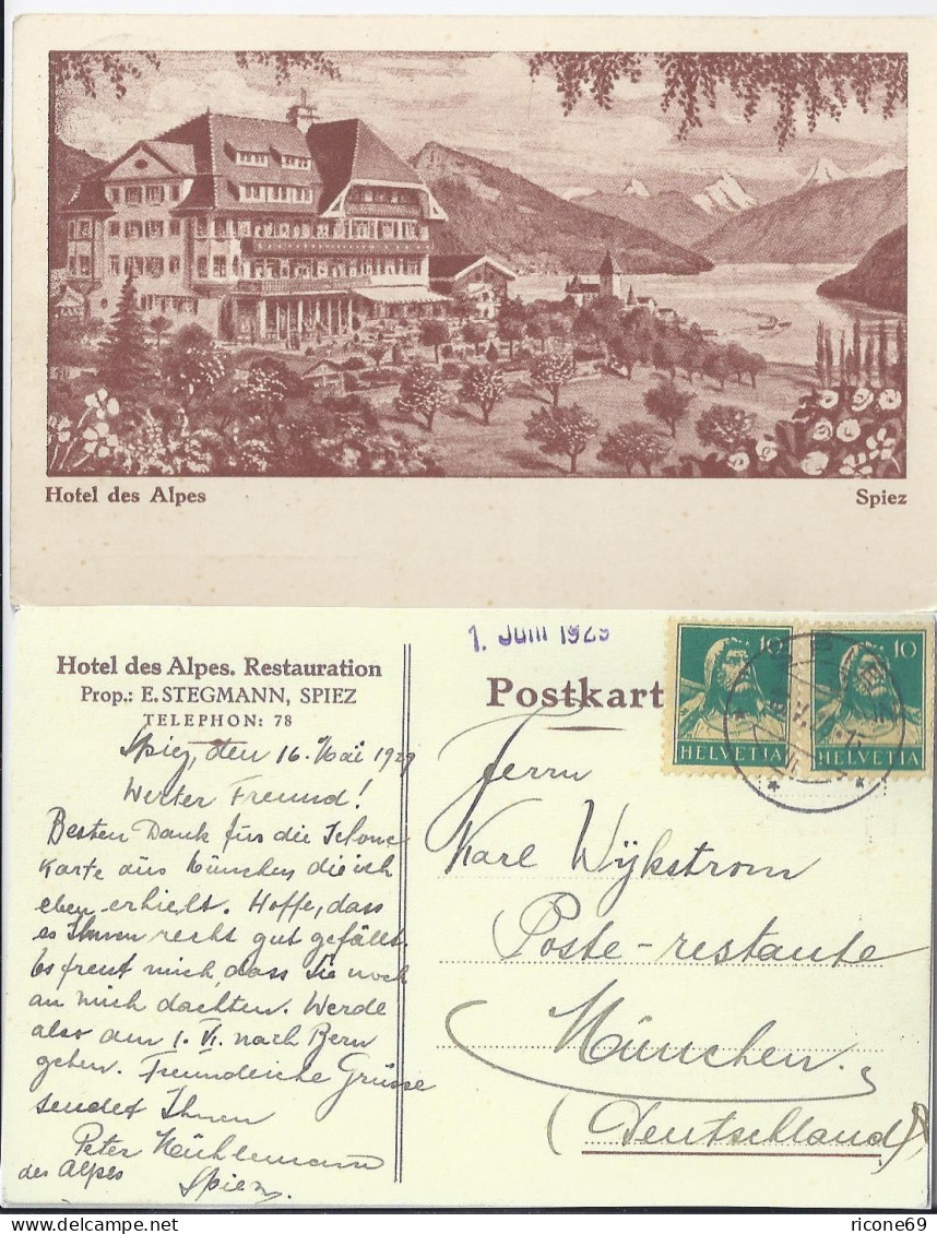Spiez 1929, Restaurant Hotel Des Alpes, Gebr. Sw AK. #628 - Autres & Non Classés