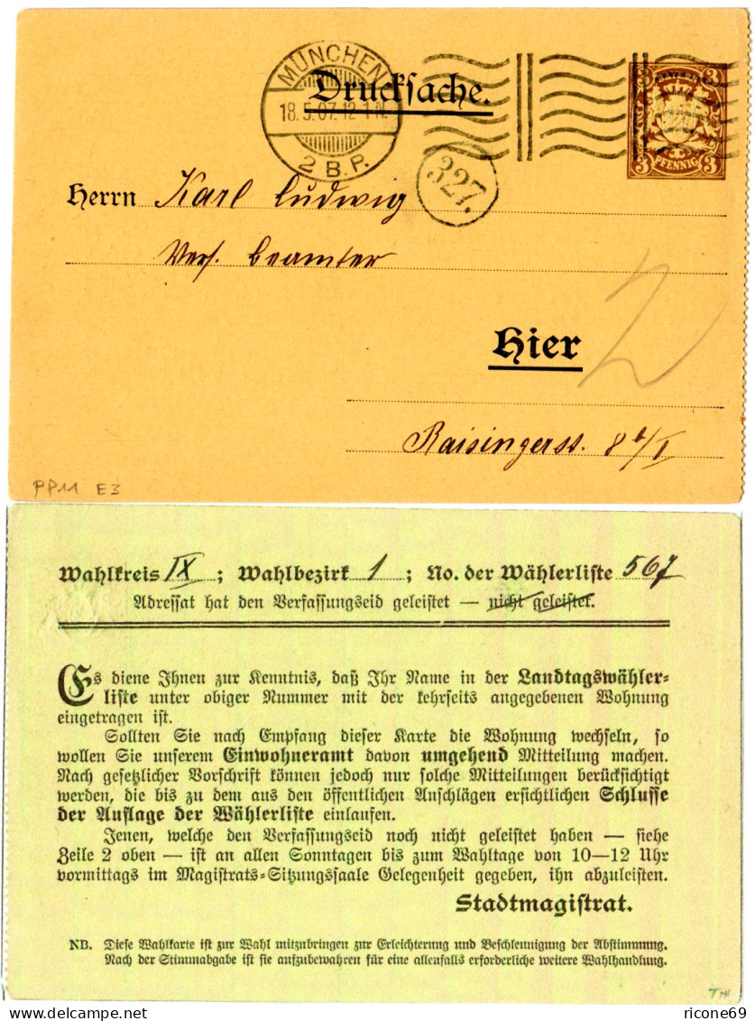 Bayern 1907, Gebr. 3 Pf. Privat Ganzsache Wahlkarte Des Stadtmagistrats München - Entiers Postaux