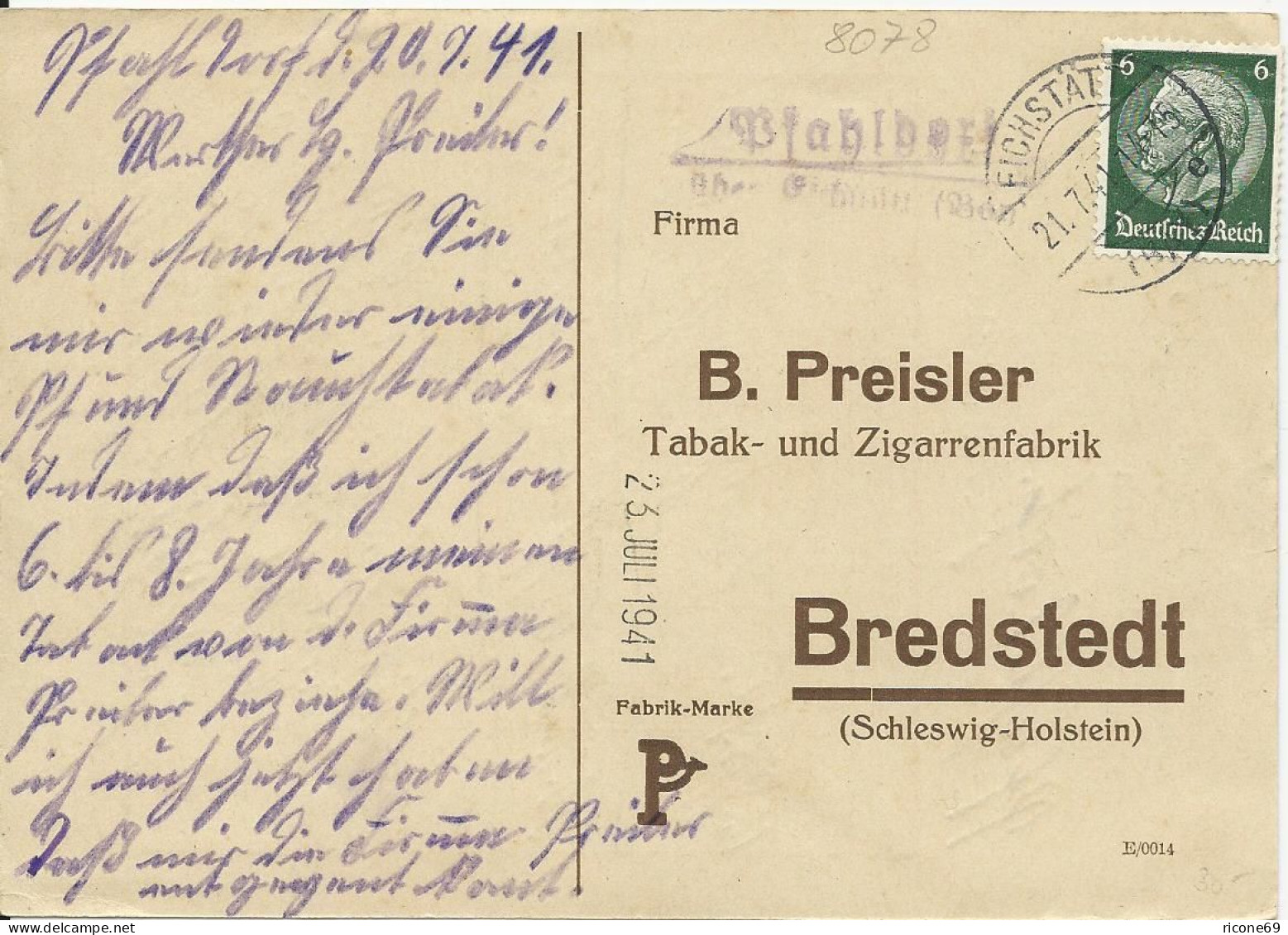 DR 1941, Pfahlberg über Eichstätt, Landpoststellen II Stpl. Auf Karte M. 6 Pf. - Lettres & Documents