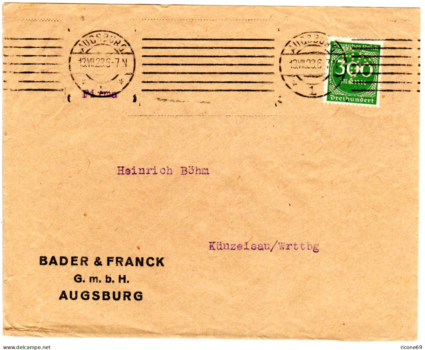 DR 1923, 300 Mk. M. Perfin B & F Auf Brief V. Augsburg - Briefe U. Dokumente