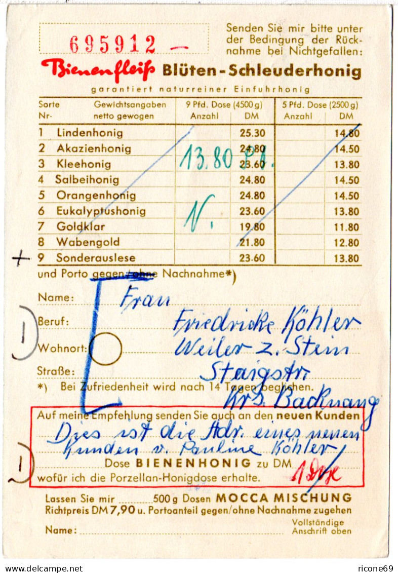 BRD 1956, Landpost Stpl. WEILER ZUM STEIN über Backnang Auf Bienenfleiss Karte  - Cartas & Documentos
