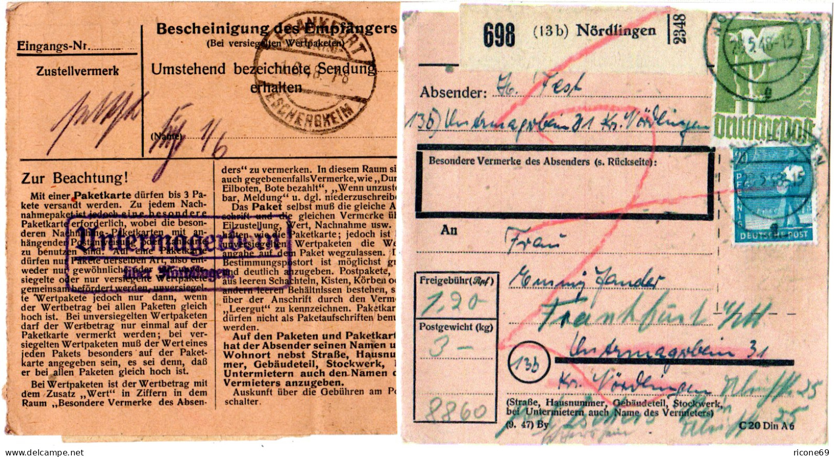 1948, Untermagerbein über Nördlingen, Landpost Stpl. Rücks. Auf Paketkarte  - Lettres & Documents