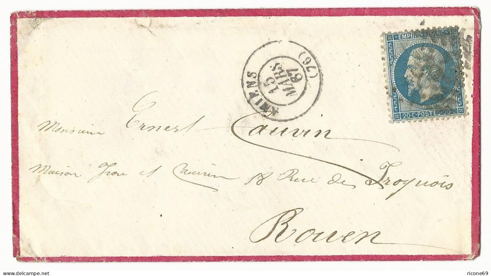 Frankreich, 20 C. Auf Gedrucktem Rotrand Zier Brief M. Rs. Monogramm V. Amiens - Other & Unclassified