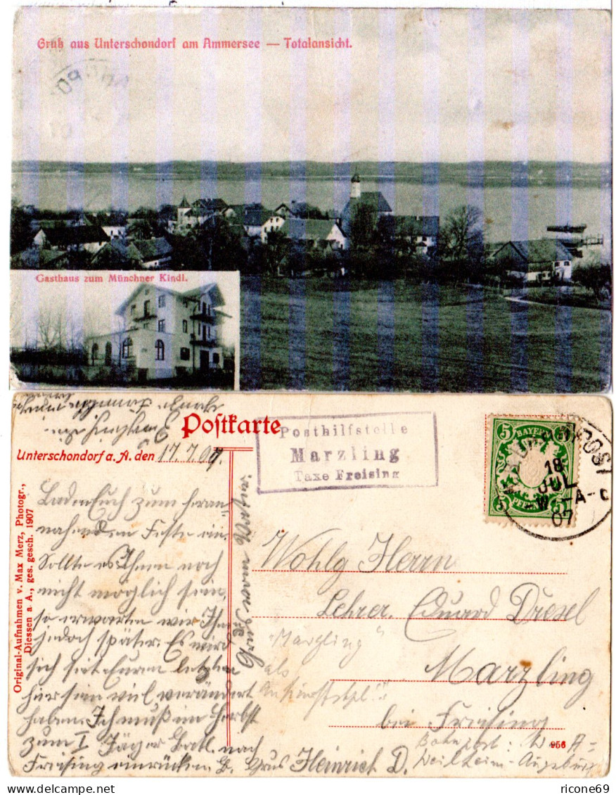 Bayern 1907, Posthilfstelle MARZLING Taxe Freising, Auf Ammersee AK M. 5 Pf. - Lettres & Documents