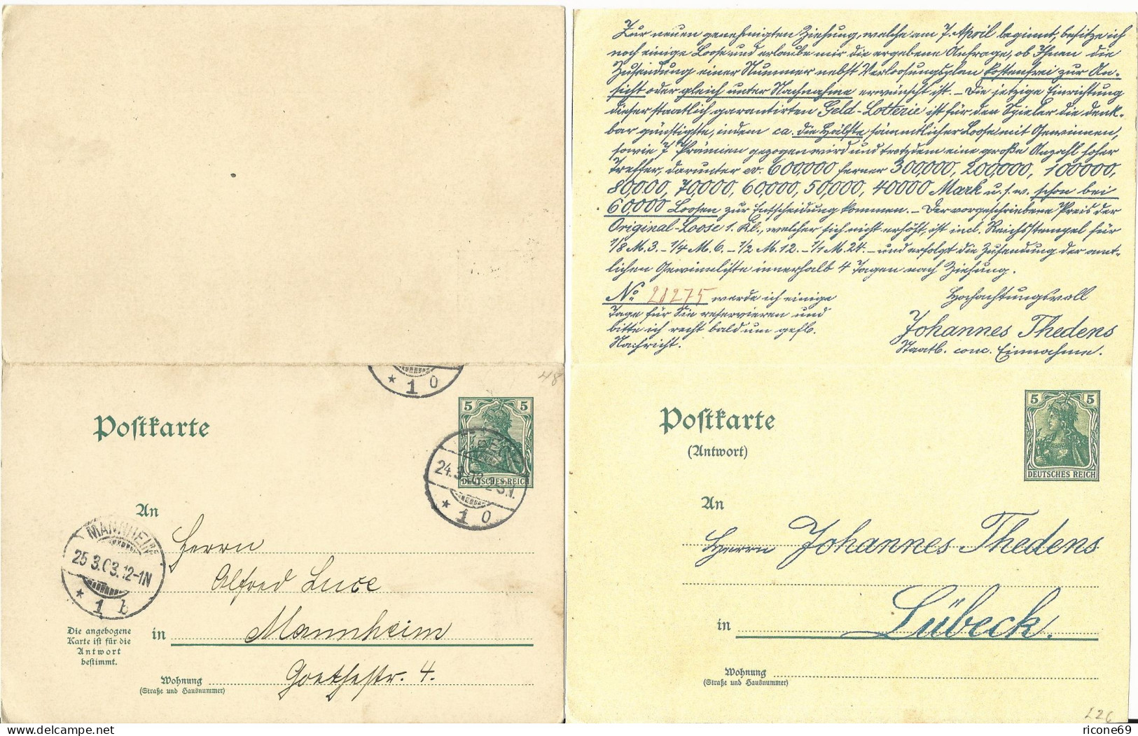 DR P67, V. Lübeck Gebr. 5 Pf. Doppel Ganzsache M. Rücks. Lotterie Zudruck. - Lettres & Documents