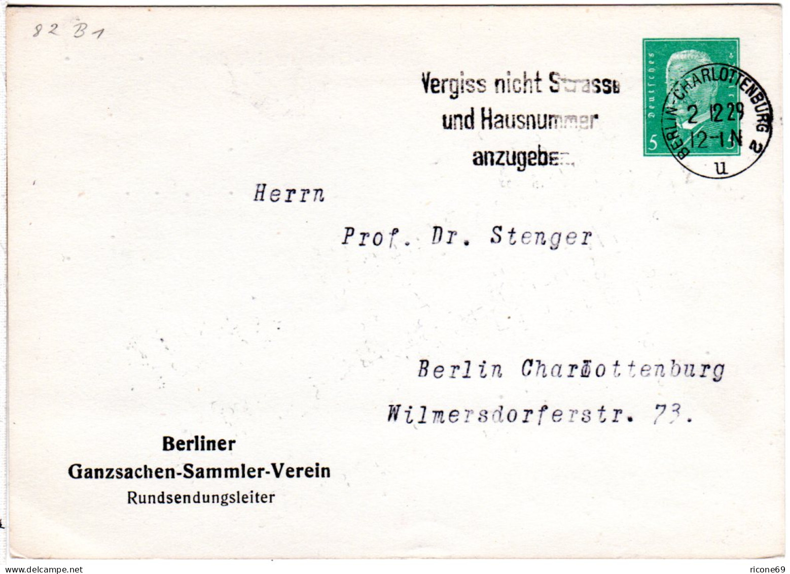 DR, Gebr. 5 Pf. Privatganzsache Karte Berliner Ganzsachen Verein - Covers & Documents