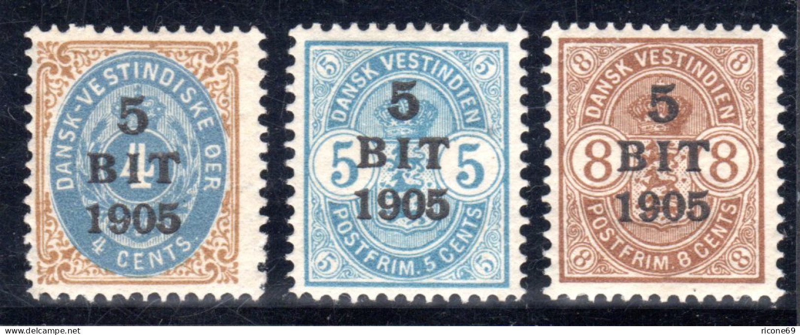 Dänisch Westindien, DWI, Kpl. Postfrische Ausgabe V. 3 Überdruckwerten 1905.  - Antillas Holandesas