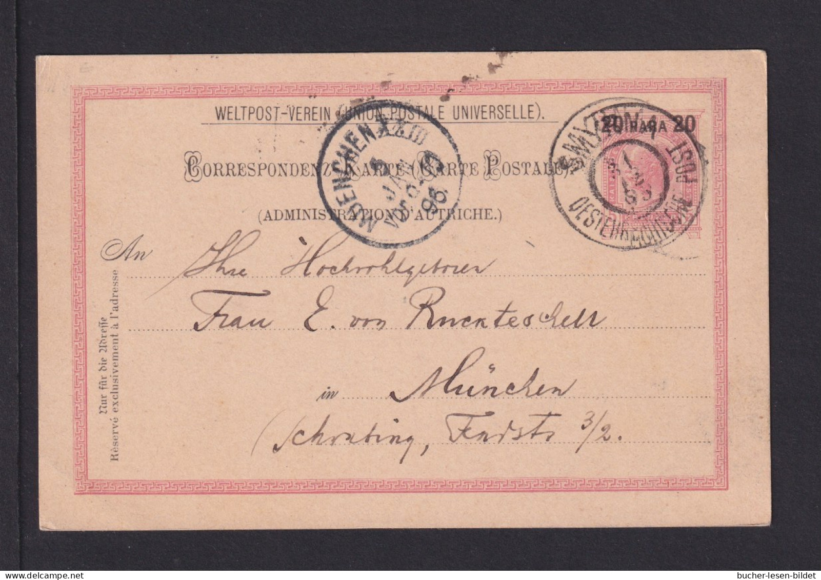 1896 - 20 P. Überdruck-Ganzsache Ab SMYRNA Nach München - Levant Autrichien