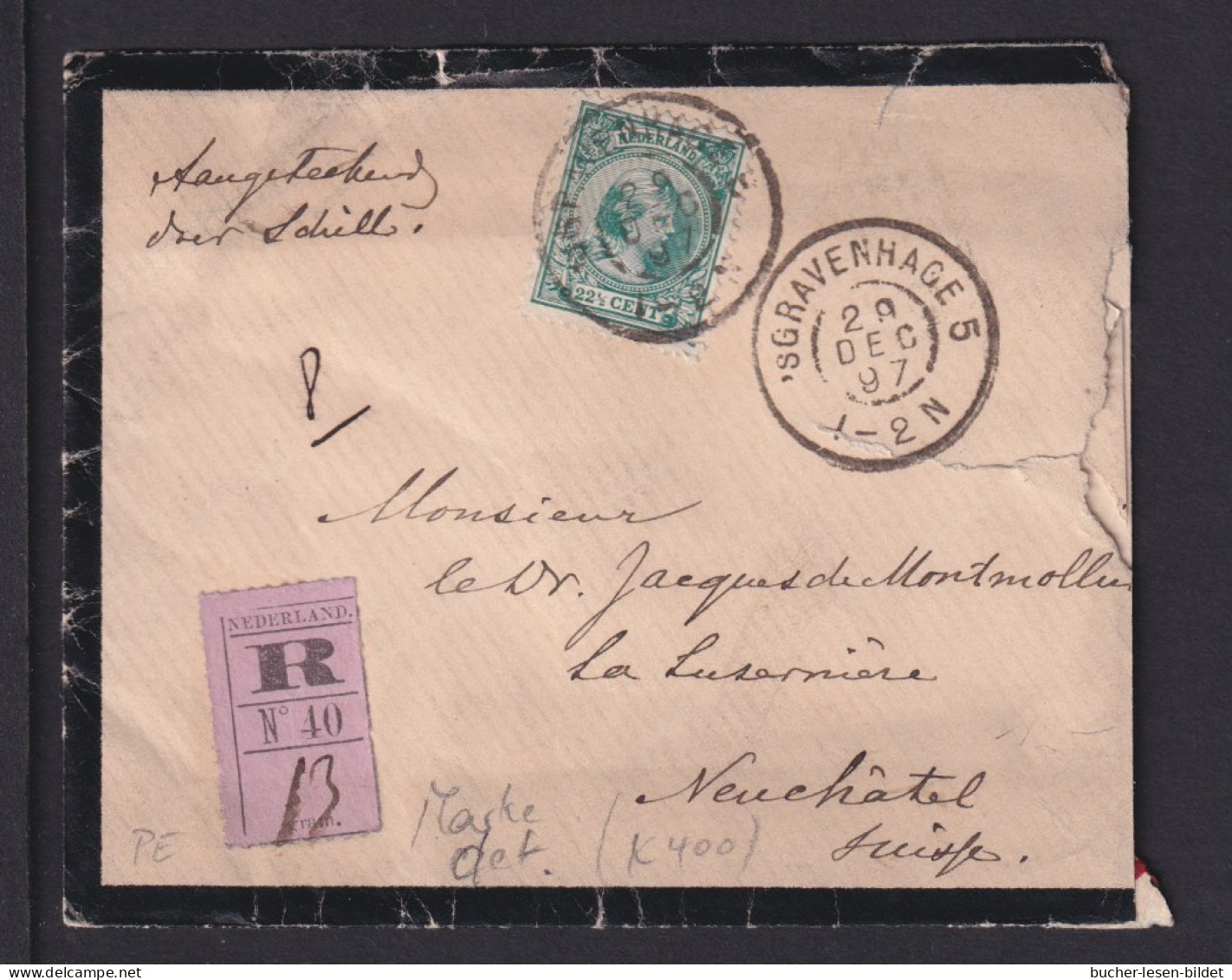 1897 - 22 1/2 C. Auf Einschreib-Trauerbrief Ab 'sGravenhage Nach Der Schweiz - Rechts Öffnungsmängel - Covers & Documents