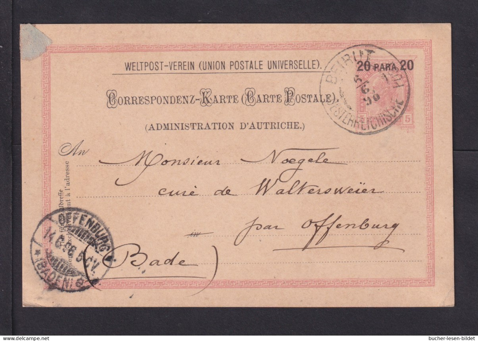 1898 - 20 P. Überdruck-Ganzsache Ab BEIRUT Nach Offenburg - Oostenrijkse Levant