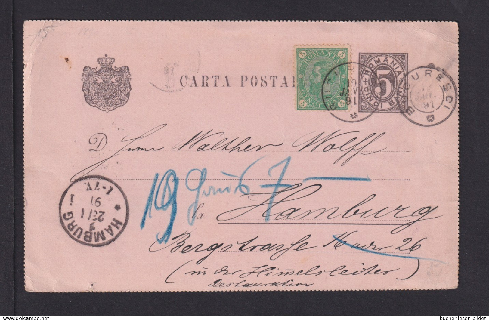 1891 - 5 B. Ganzsache Mit 5 B. Zufrankiert Ab Bukarest Nach Hamburg - Lettres & Documents