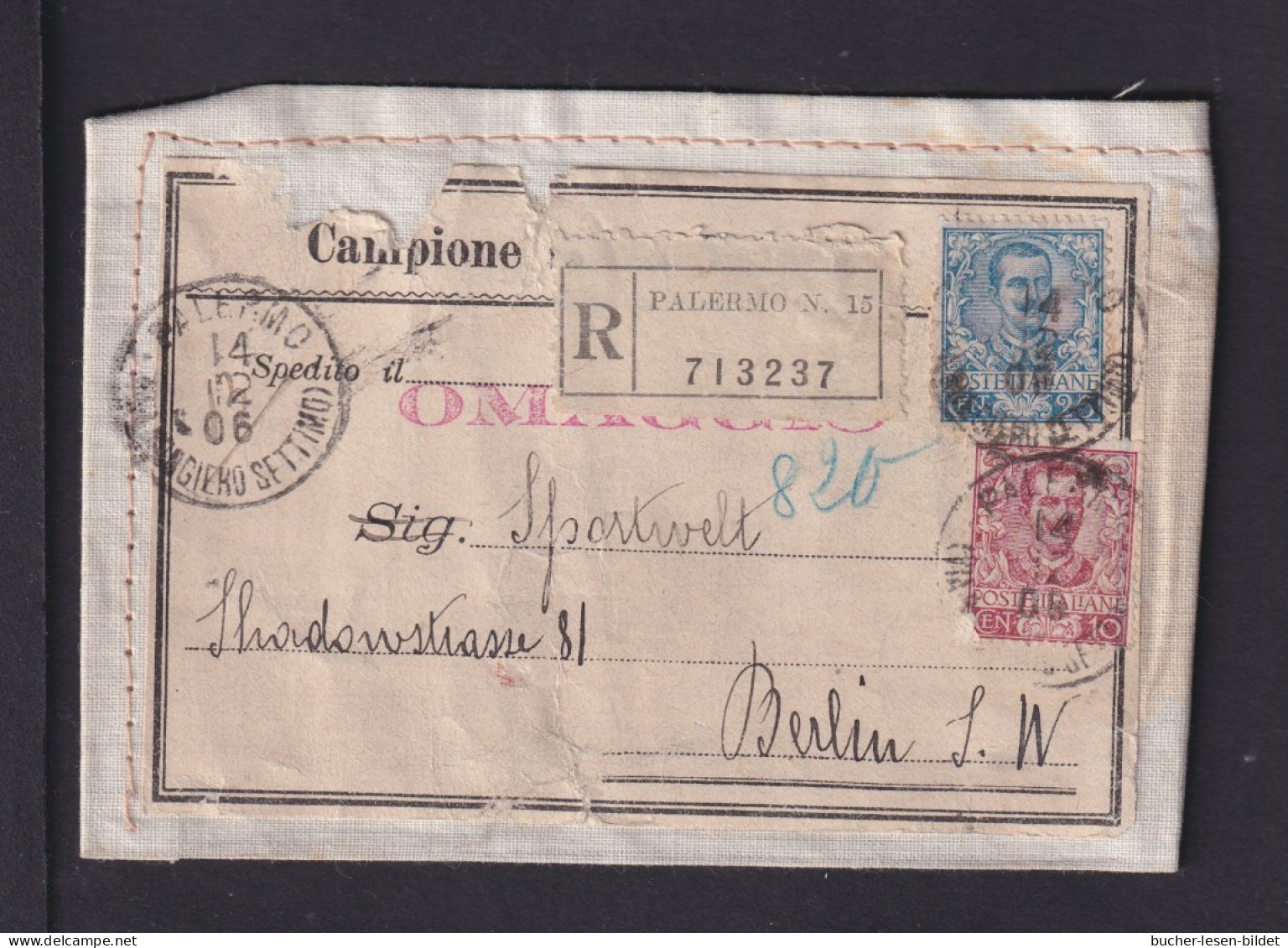 1906 - 10 Und 25 C. Auf Einschreiben-Warenprobe Ab Palermo Nach Berlin - Stamped Stationery