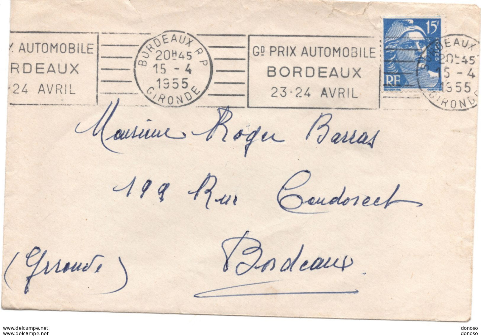 Lettre De 1955 De Bordeaux Pour Bordeaux, Grand Prix Automobile De Bordeaux, Type Gandon - Mechanische Stempels (reclame)