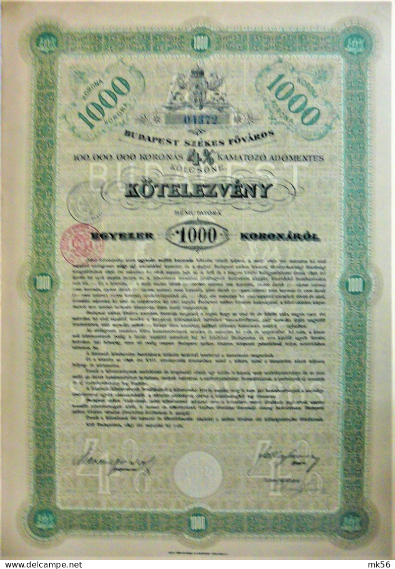 Ville Capitale De Budapest - Oblig. De 1000 Couronnes 4% (1897) - Autres & Non Classés
