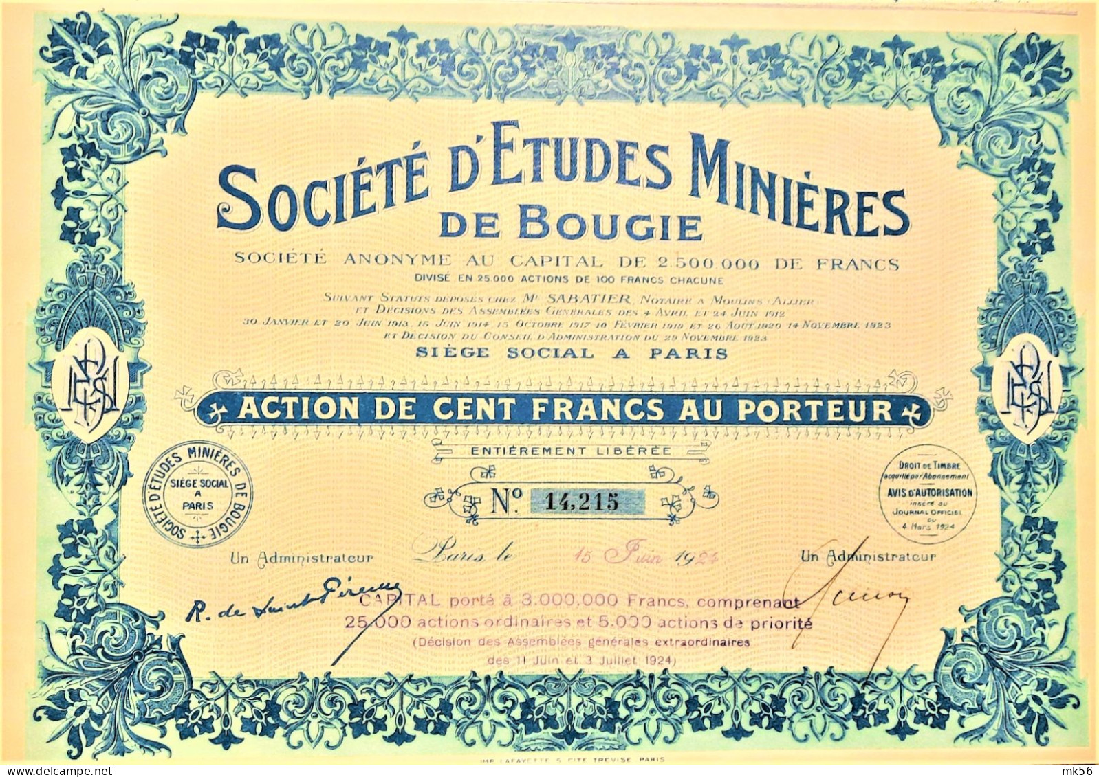 S.A. Société D'études Minières De Bougie - Action De 100 Fr Au Porteur (1924) - Afrika