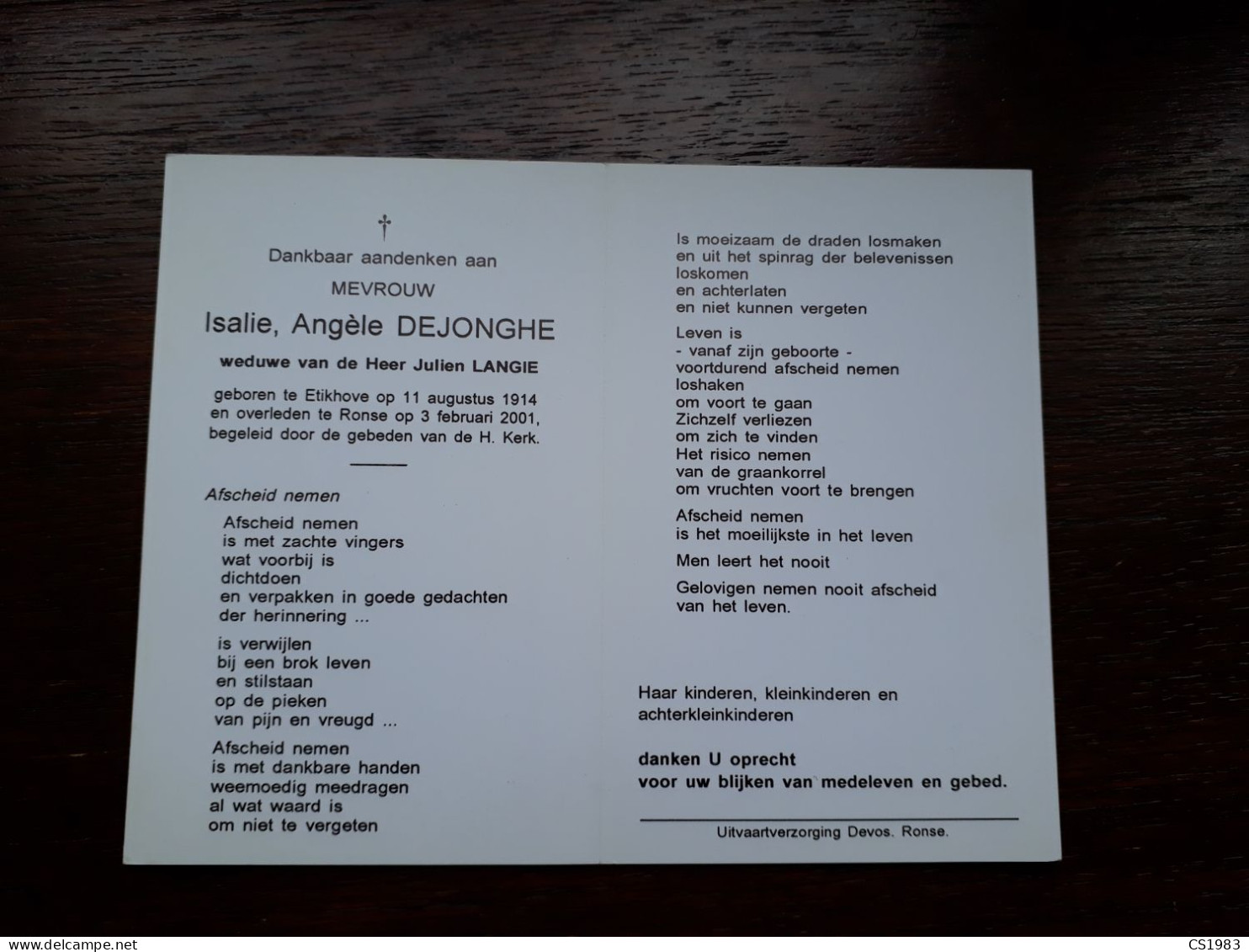 Isalie Angèle Dejonghe ° Etikhove 1914 + Ronse 2001 X Julien Langie - Obituary Notices