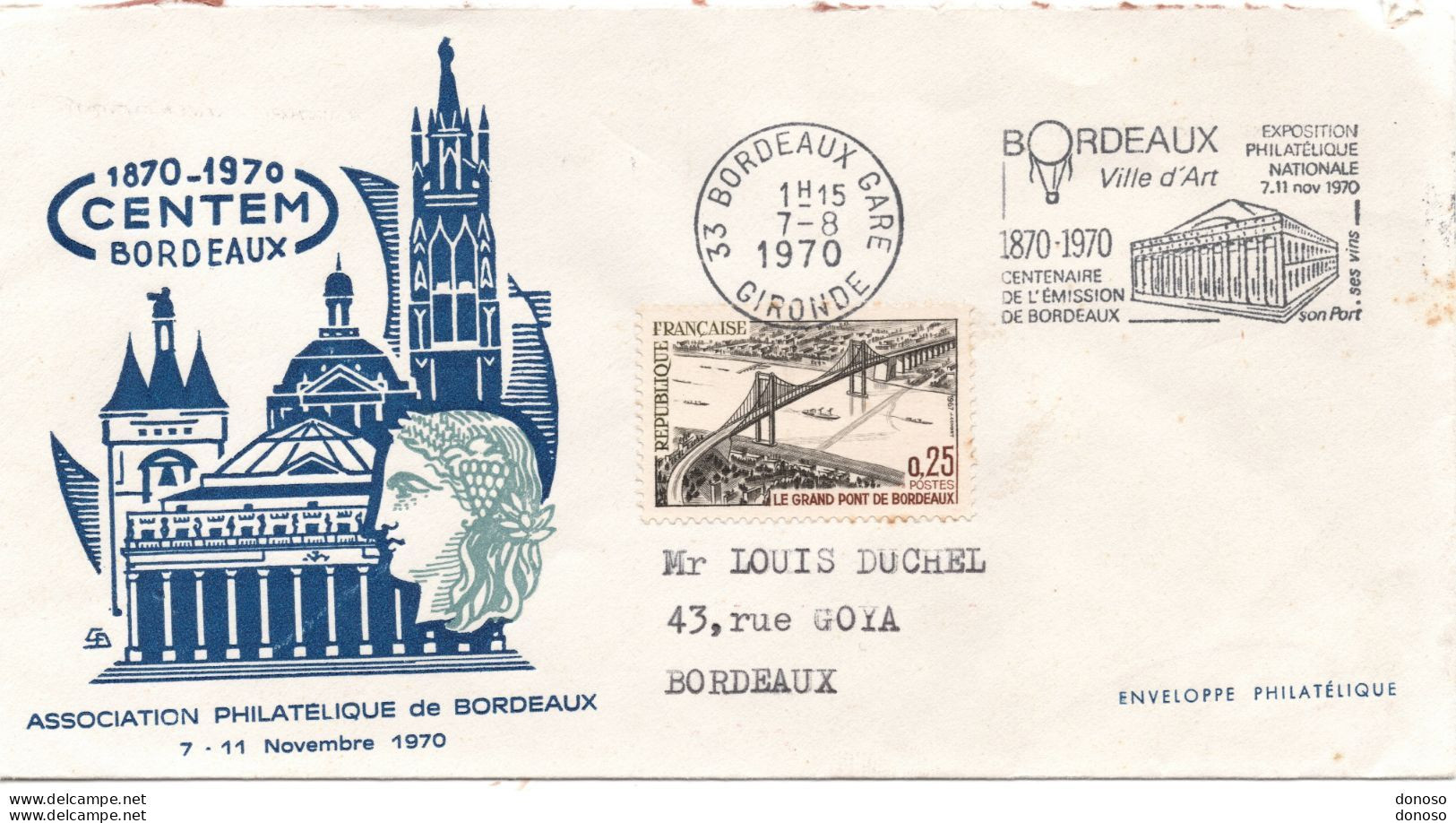 1970 Centenaire De L'émission De Bordeaux, Cachet De Bordeaux-Gare - Mechanical Postmarks (Advertisement)