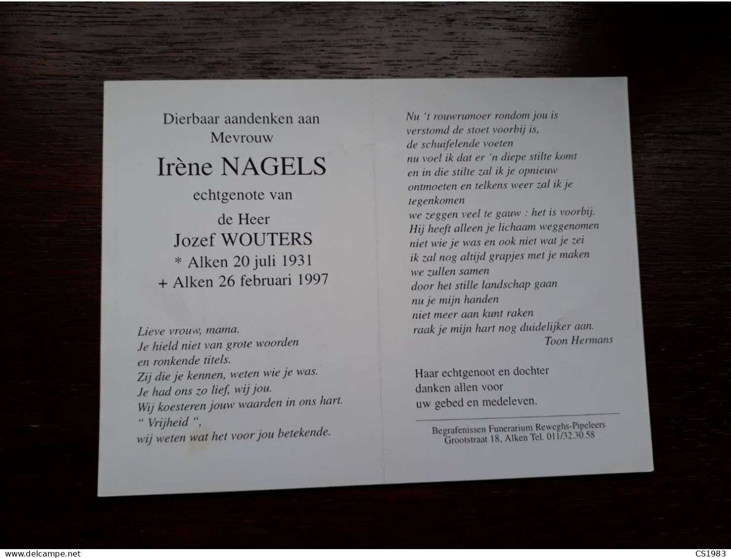 Irène Nagels ° Alken 1931 + Alken 1997 X Jozef Wouters - Obituary Notices