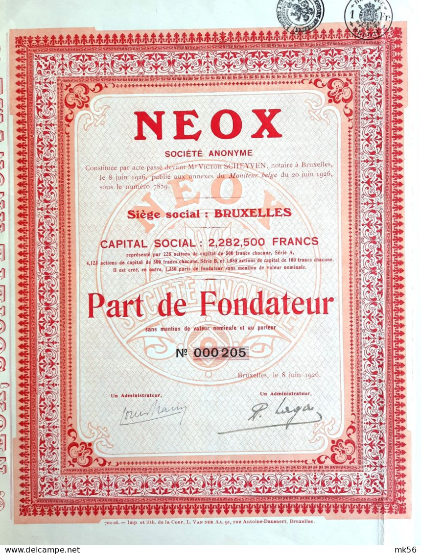 Neox - Bruxelles - 1926 - Part De Fondateur - Industry