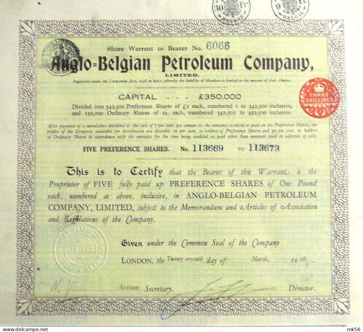 Anglo-Belgian Petroleum Company -5 Pref.shares (1928) - Pétrole