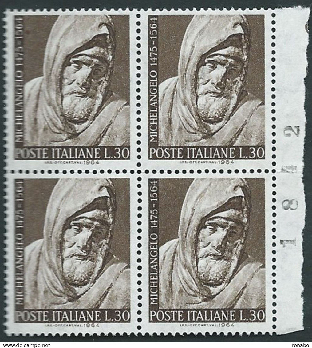 Italia 1964 ; Anniversario Di Michelangelo : Quartina Di Bordo Con Il Numero Del Foglio - 1961-70: Nieuw/plakker