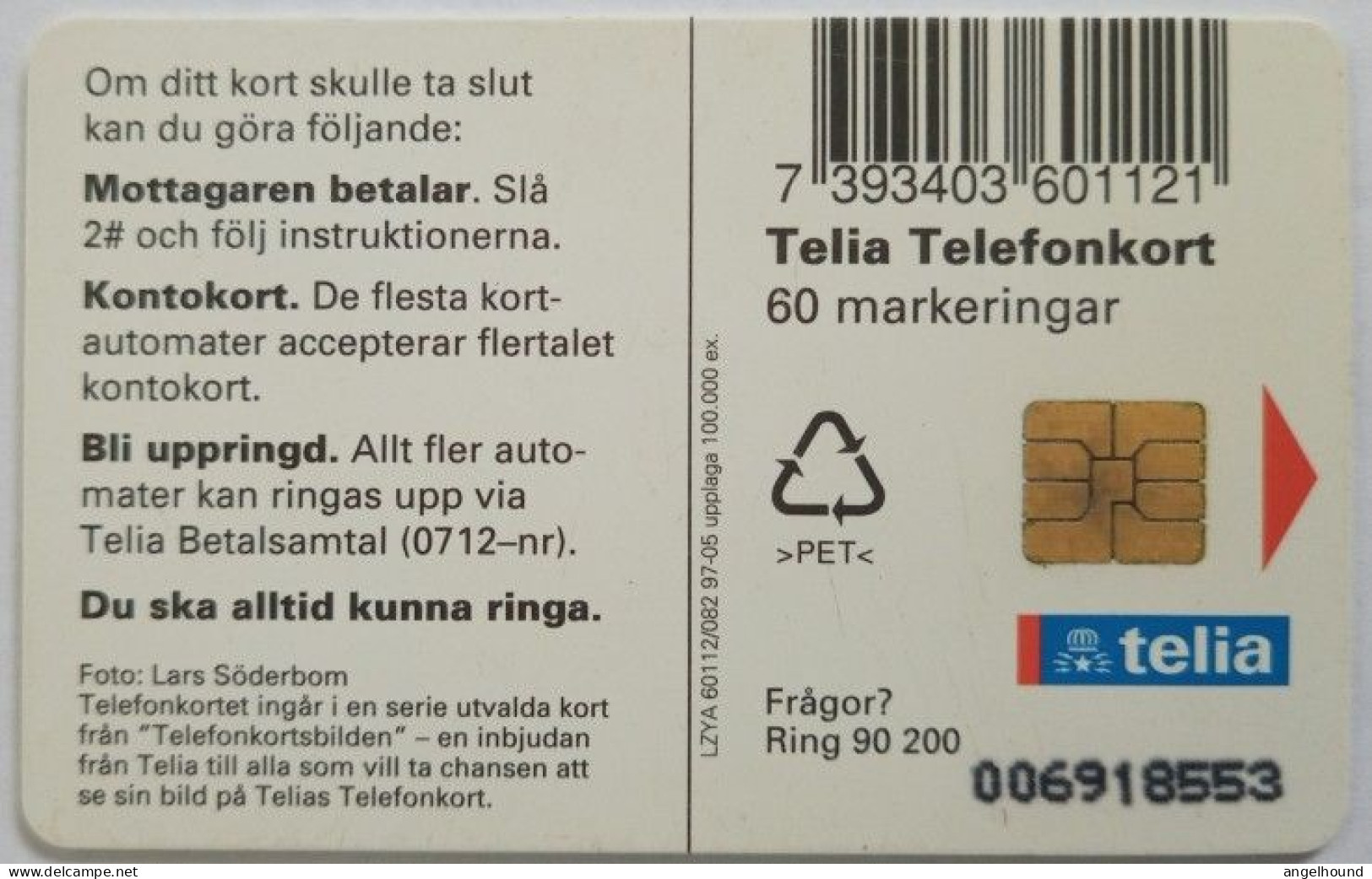 Sweden 60Mk. Chip Card - Dog In A Backpack - Suède