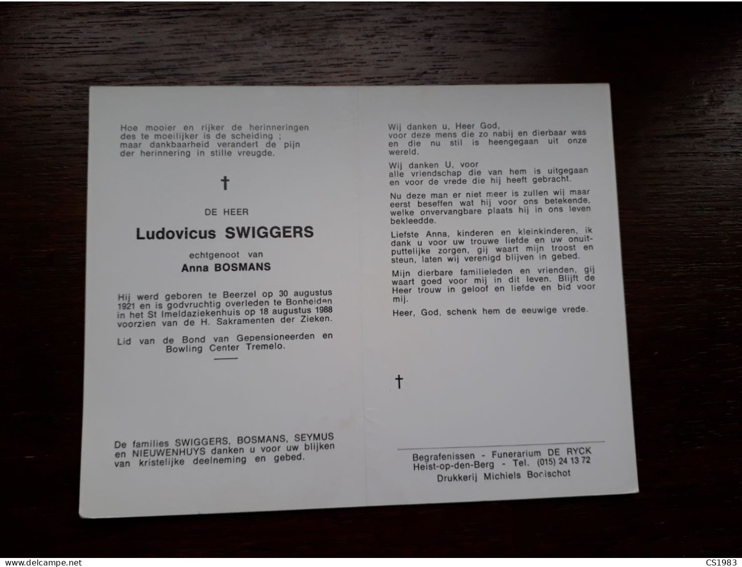 Ludovicus Swiggers ° Beerzel 1921 + Bonheiden 1988 X Anna Bosmans (Fam: Seymus - Nieuwenhuys) - Obituary Notices