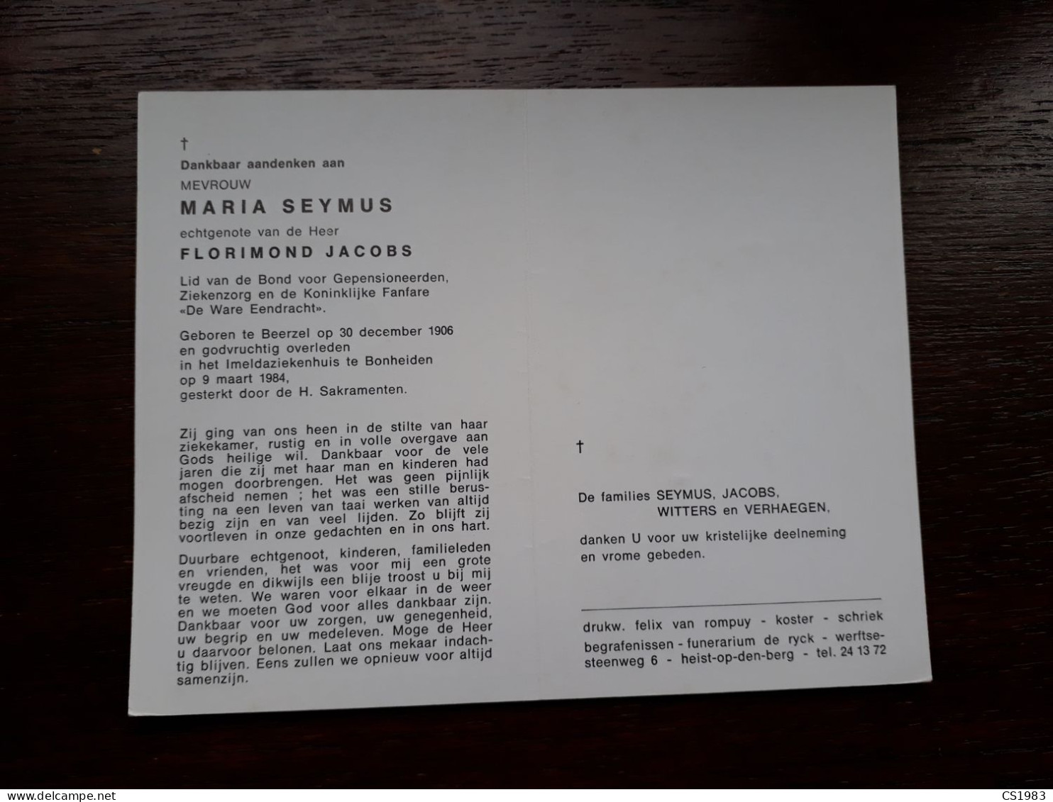Maria Seymus ° Beerzel 1906 + Bonheiden 1984 X Florimond Jacobs (Fam: Witters - Verhaegen) - Décès