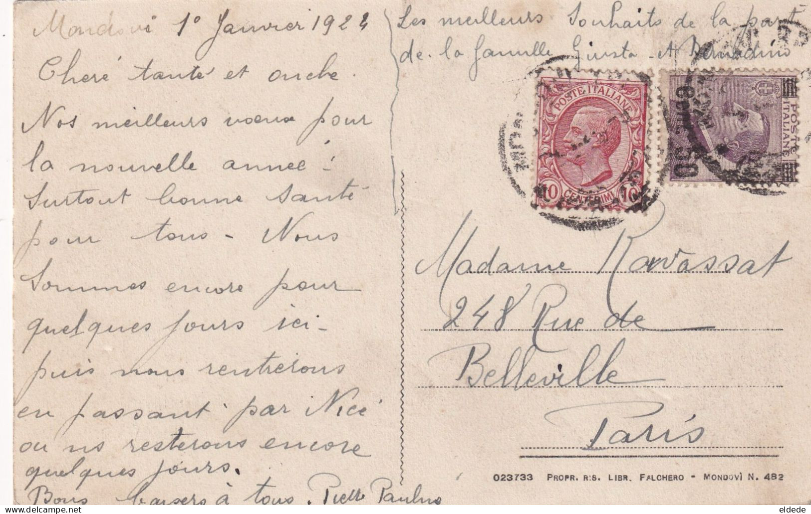 Mondovi Panorama  Ecrite Mondovi 2 Timbres Vers  Rue De Belleville 1924 Nice Stamps - Autres & Non Classés