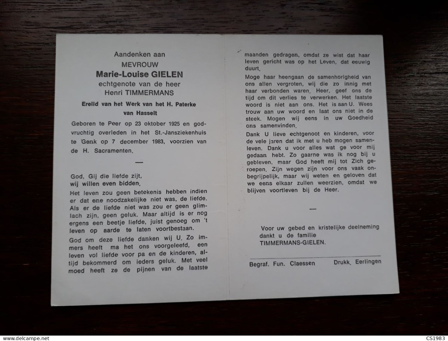 Marie-Louise Gielen ° Peer 1925 + Genk 1983 X Henri Timmermans - Obituary Notices