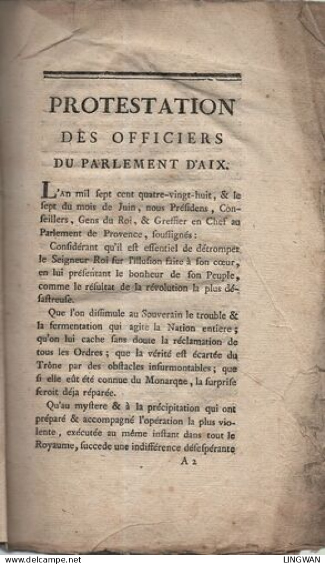 PROTESTATION Des Officiers Du Parlement D'AIX - Unclassified