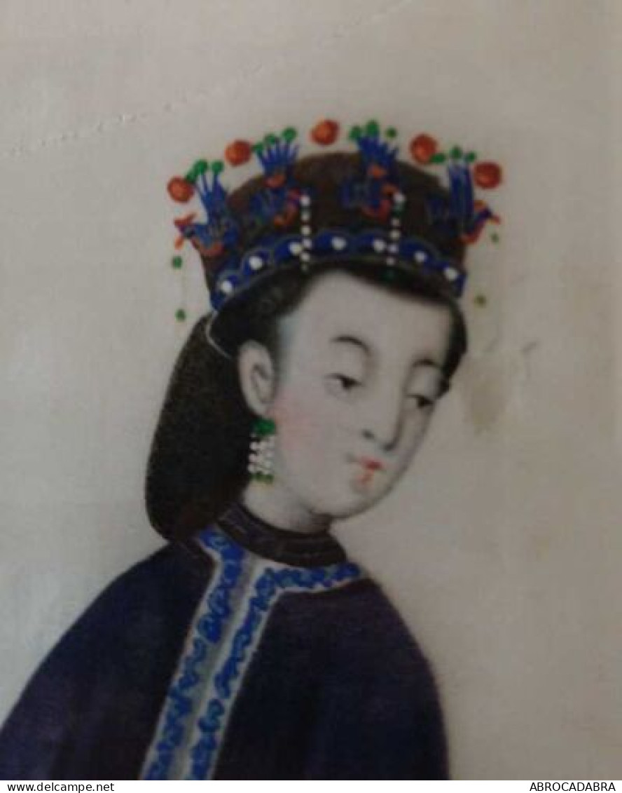 Set de 3 peintures originales asiatiques sur papier de riz période 18e siècle