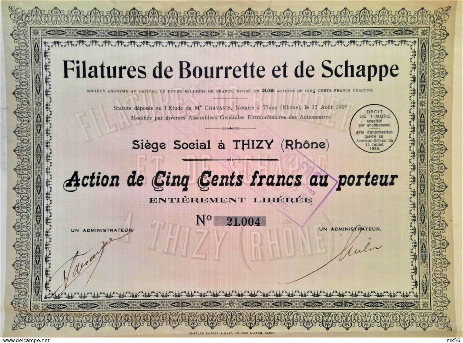 S.A. Filature De Bourrette Et De Schappe - Thizy (Rhône) - 1930 - Action De 500 Francs - Landwirtschaft