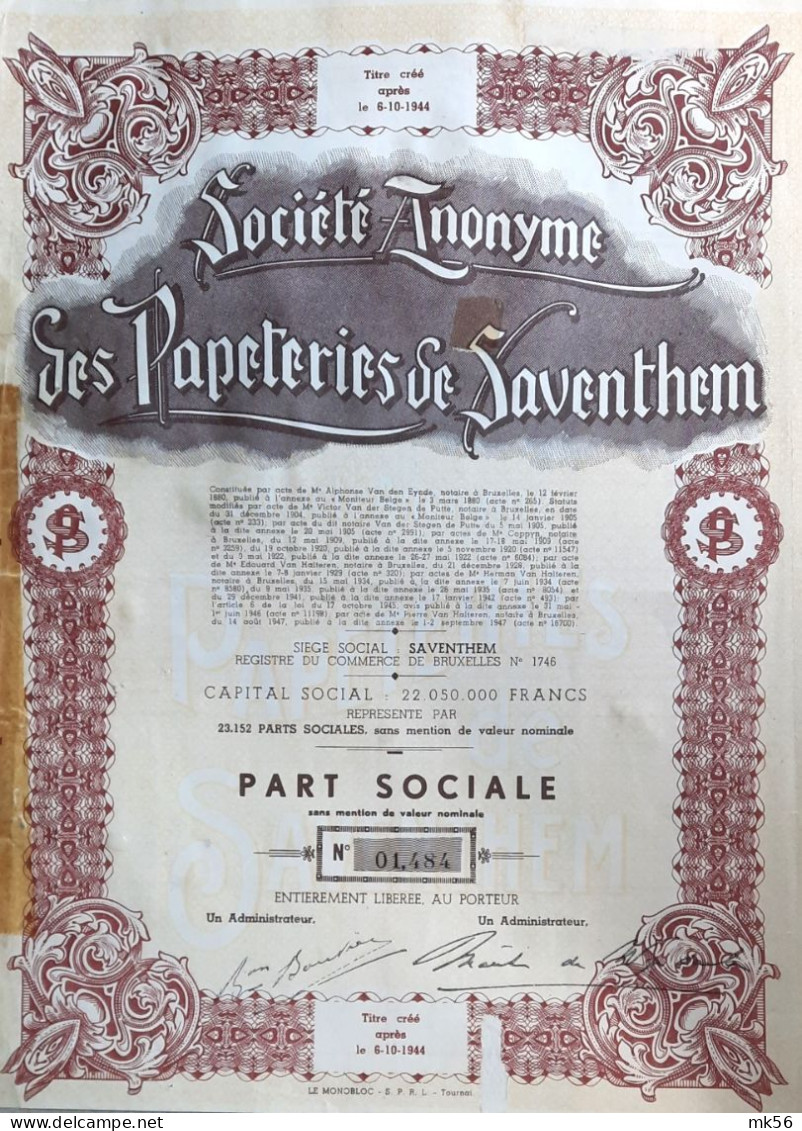 S.A. Des Papeteries De Saventhem - 1947 - Part Sociale - Industrie