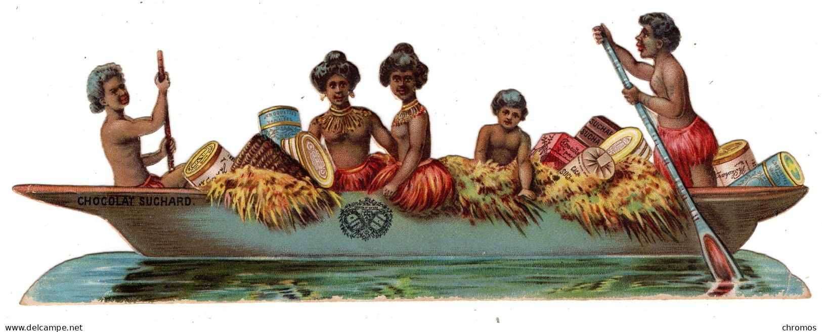 Rare Grande Chromo Découpi Chocolat Suchard, Divers S 32, Bateau En Afrique, Noirs, Env. 18 X 6,5 Cm - Suchard