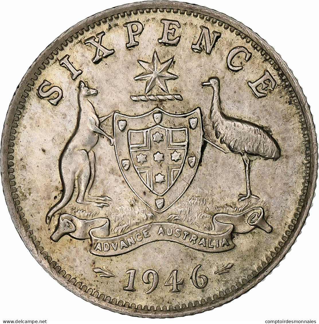 Australie, George VI, 6 Pence, 1946, Melbourne, Billon, TTB+, KM:38a - Florin