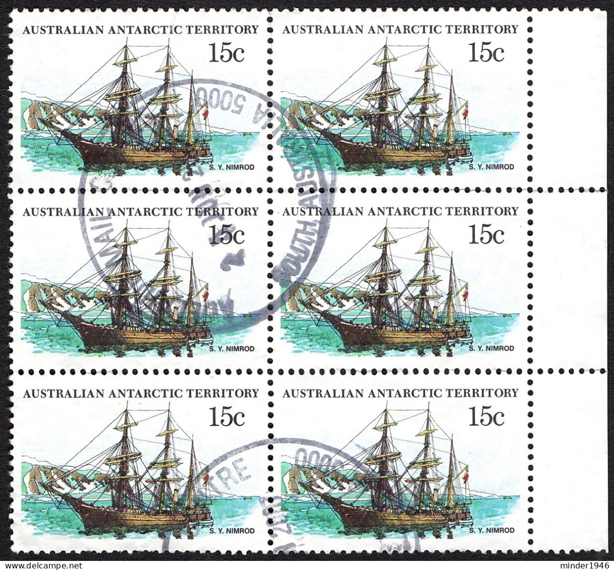 AUSTRALIAN ANTARCTIC TERRITORY (AAT) 1979 QEII 15c X 6 Block 'Ships, S.Y. Nimrod SG42a FU With Side Gutter - Used Stamps