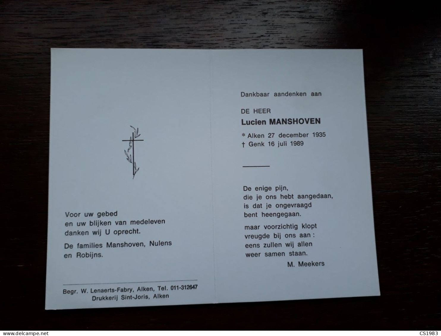 Lucien Manshoven ° Alken 1935 + Genk 1989 (Fam: Nulens - Robijns) - Décès