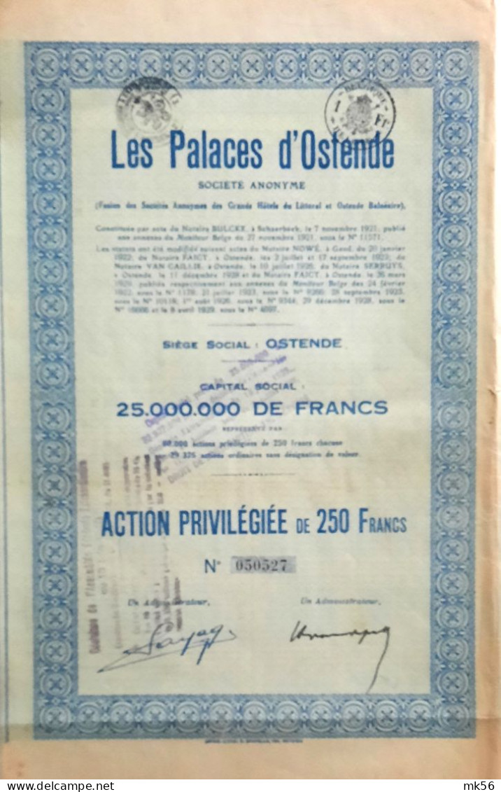 Les Palaces D'Ostende - Action Priviligiée De 250 Fr - 1928 - Ostende - Casinos